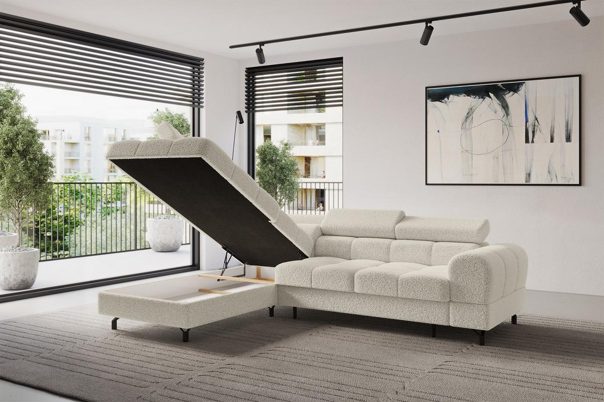 ECKSOFA mit Schlaffunktion Ottomane Links LUMA-L 272x203x70 Beige Bouclé - Sandfarben/Schwarz, Holzwerkstoff/Kunststoff (272/203cm) - ALTDECOR