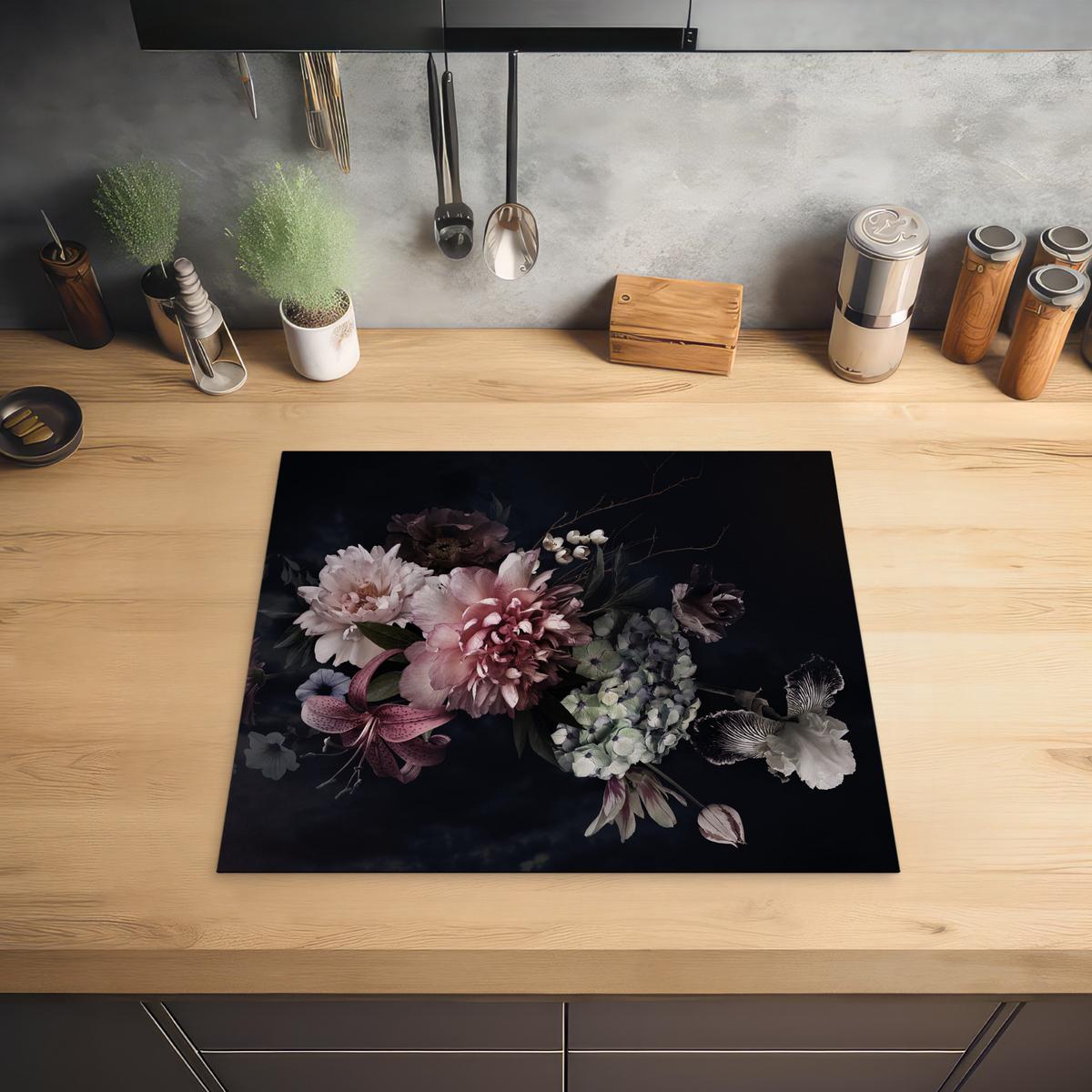 HERDABDECKPLATTE Blumen - Vintage - Pastell - Rosa - Weiß Abdeckung Ceranfeld 59x51 cm - Altrosa, Kunststoff (59/51/0.2cm) - MuchoWow