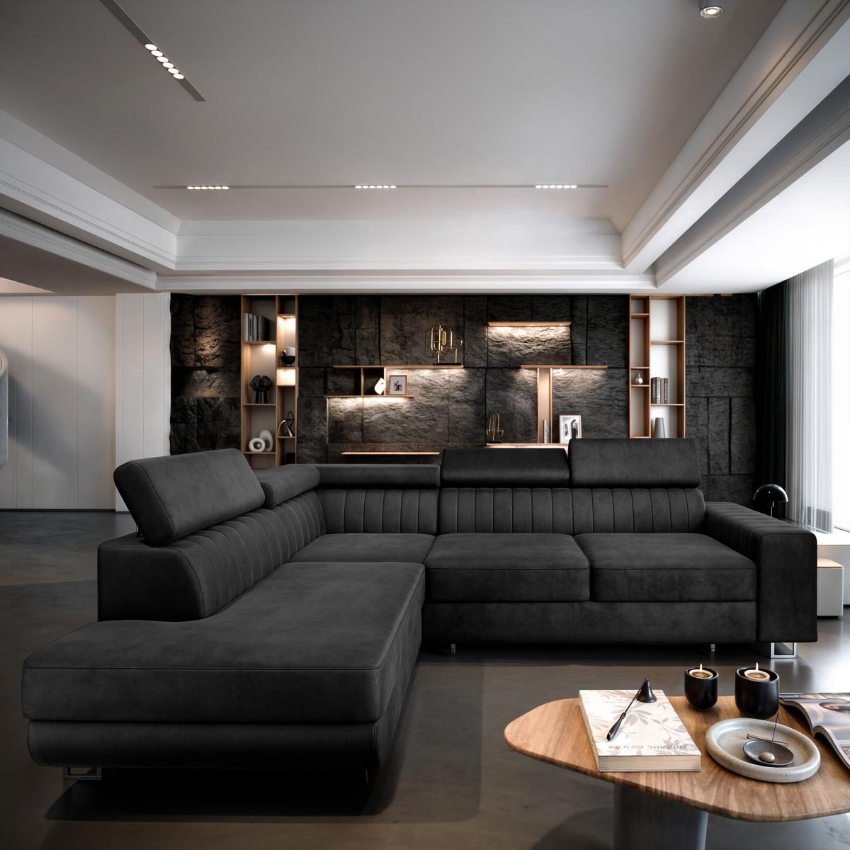 ECKSOFA NOLA L-S Schwarz Velours-Stoff mit Schlaffunktion - Silberfarben/Schwarz, Holz/Textil (253/190cm) - MASSENO
