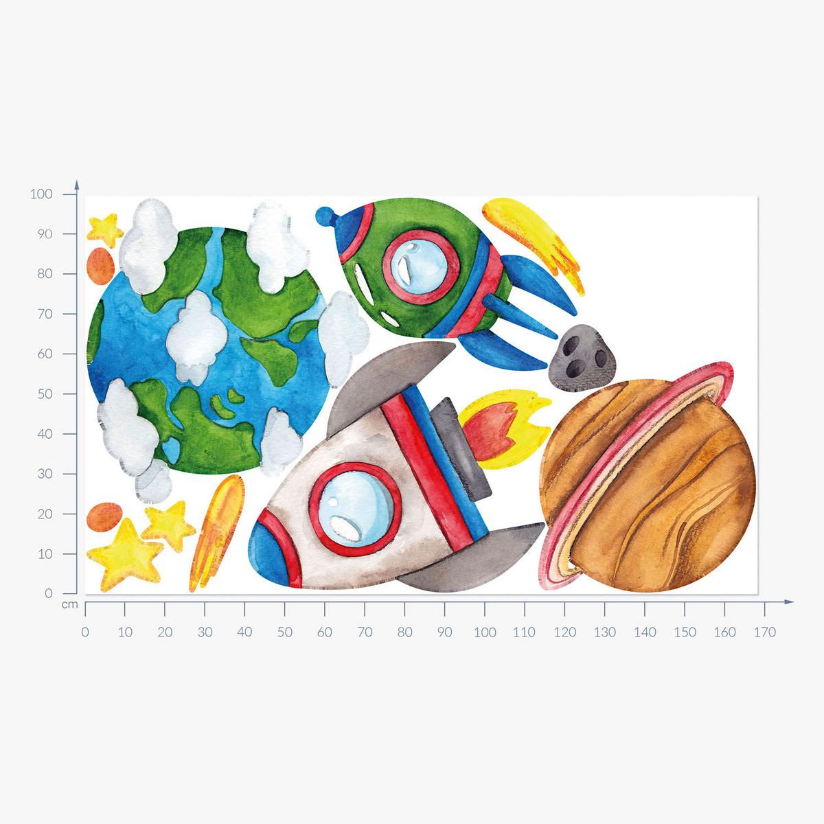 WANDAUFKLEBER 100x169cm - Erde Raketen Sterne - Multicolor, Kunststoff (100/169/0.1cm) - Wallfluent