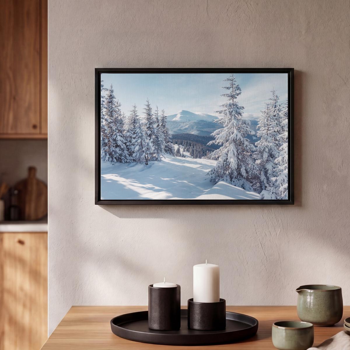 LEINWAND Bilder mit Rahmen - Winterlandschaft - Natur - Berge - Bäume - Schnee - 30x20 - Hellblau, Textil (30/20cm) - MuchoWow