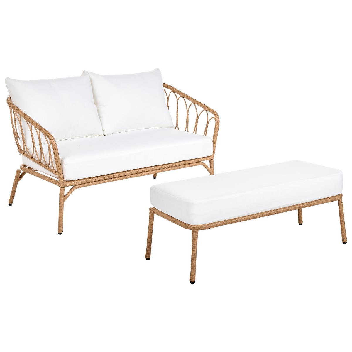 GARTENSOFA 2-Sitzer mit Bank Polyrattan Hellbraun Follo - Hellbraun/Braun, Kunststoff (130/89/66cm) - Beliani
