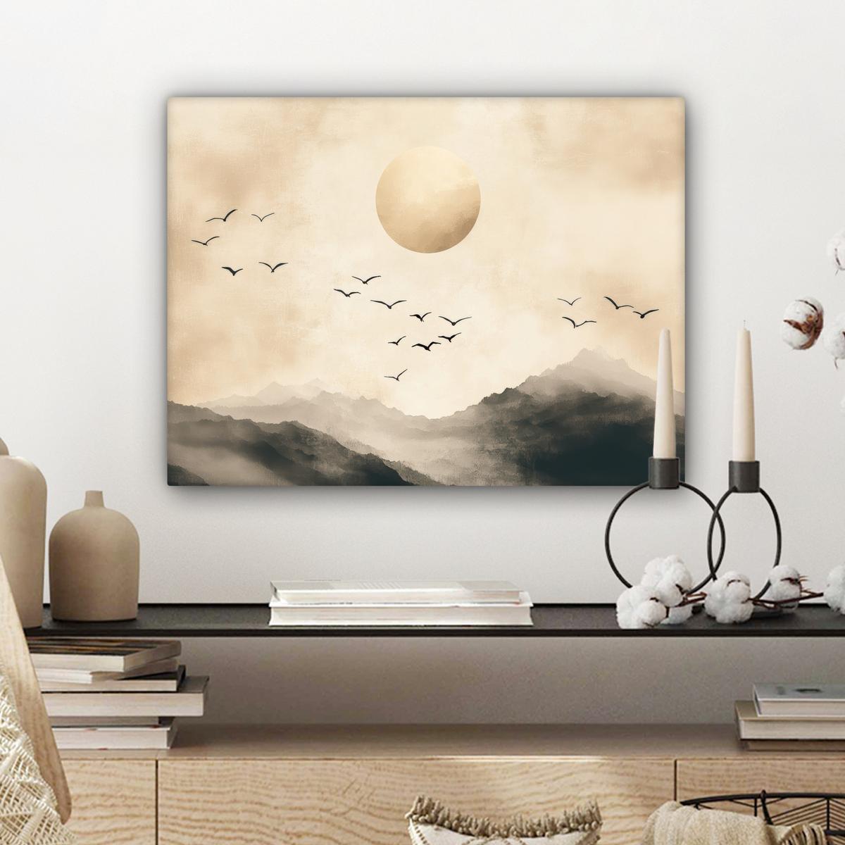 LEINWANDBILD Landschaft - Japandi - Vogel Wandbild 40x30 cm - Beige, Textil (40/30cm) - MuchoWow