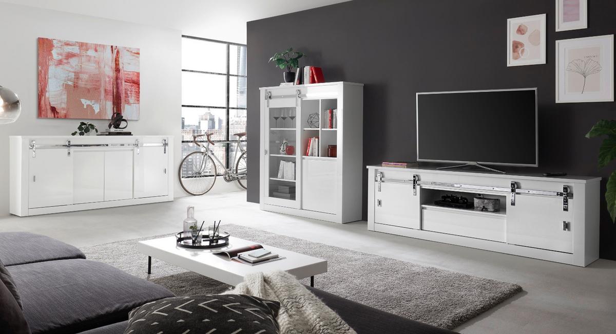 VITRINE weiß Hochglanz 133 x 153 cm, Vitrinenschrank inklusive LED-Beleuchtung, Soft-Close - Chromfarben/Weiß Hochglanz, Glas/Holzwerkstoff (133/153/38cm) - Furn.Design
