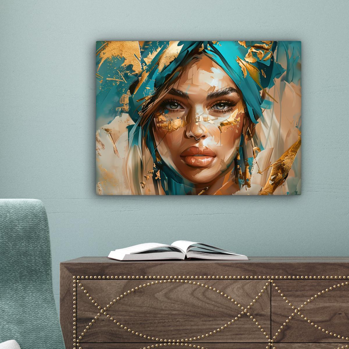 LEINWANDBILD Frau - Porträt - Gold - Luxus - Blau Wandbild 40x30 cm - Türkis, Textil (40/30cm) - MuchoWow