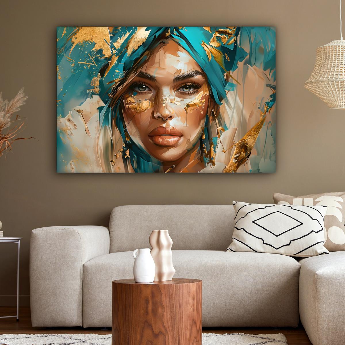 LEINWANDBILD Frau - Porträt - Gold - Luxus - Blau Groß 140x90 cm - Türkis, Textil (140/90cm) - MuchoWow