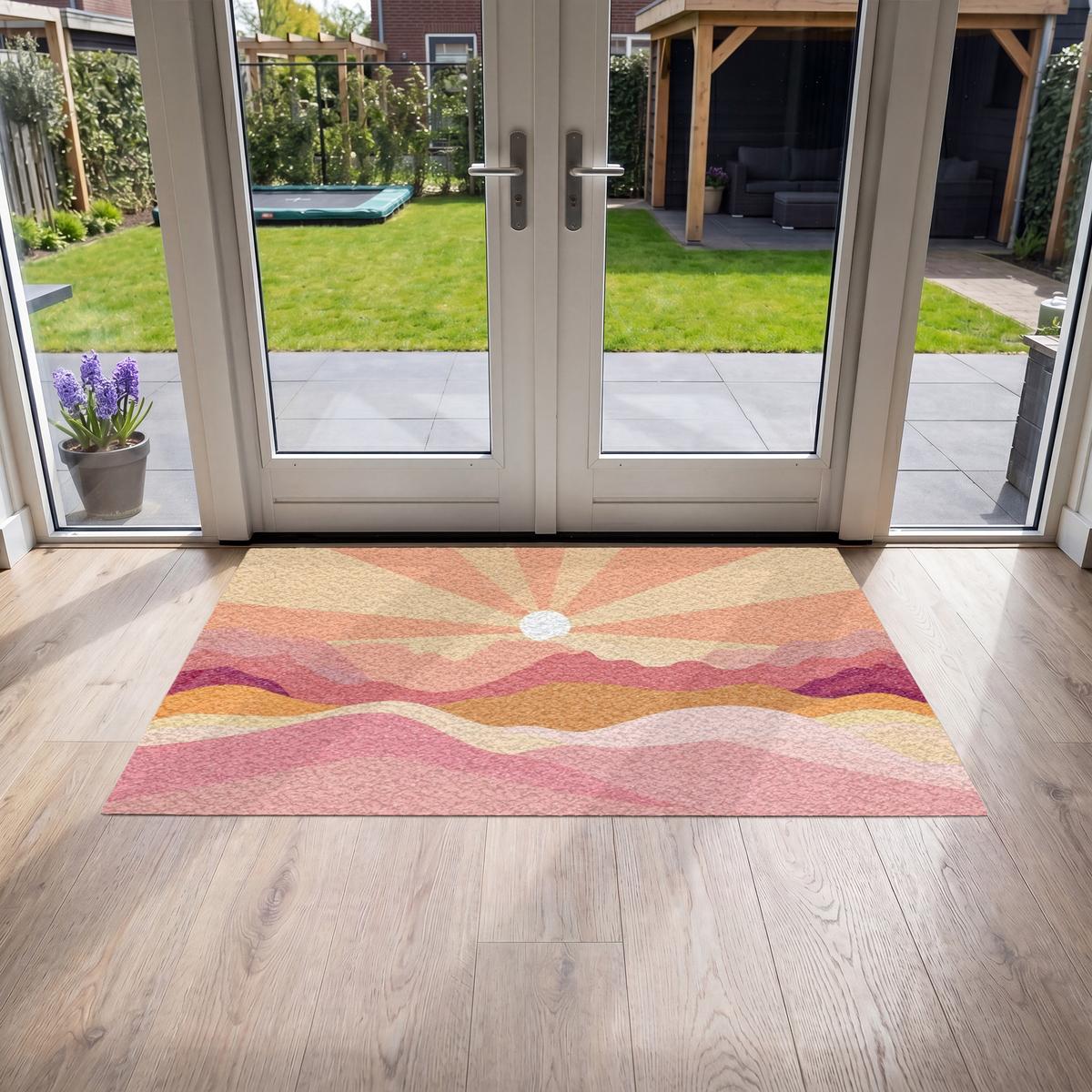 FUSSMATTE Berge - Abstrakt - Sonnenstrahlen - Rosa Sauberlaufmatte 150x90 cm - Rosa, Kunststoff (150/0.4cm) - MuchoWow