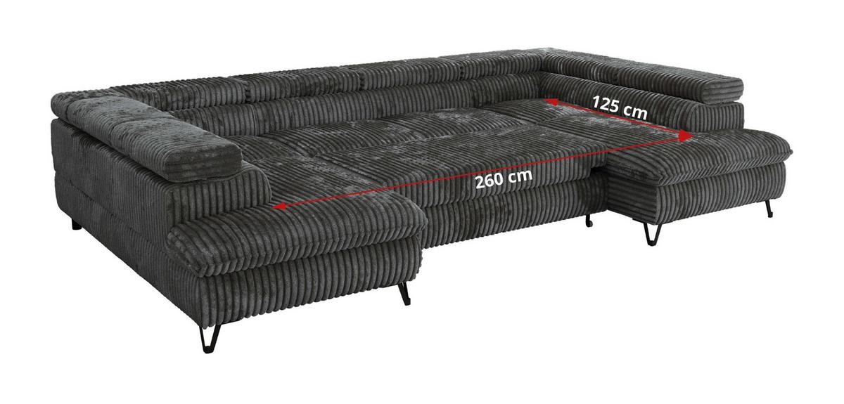WOHNLANDSCHAFT PABLO U Cord Grau mit Topper Visco - Dunkelgrau/Schwarz, Textil/Metall (346/76/208cm) - MKS