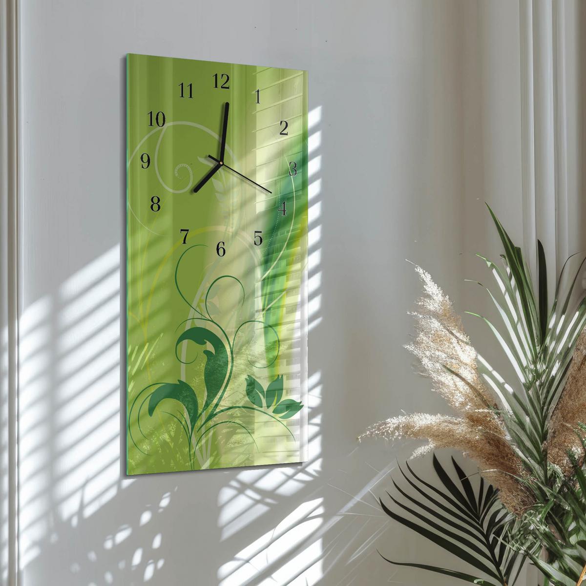 WANDUHR aus Glas 30x60 cm - Blumenmuster - Grün, Glas (30/60/0.4cm) - TULUP