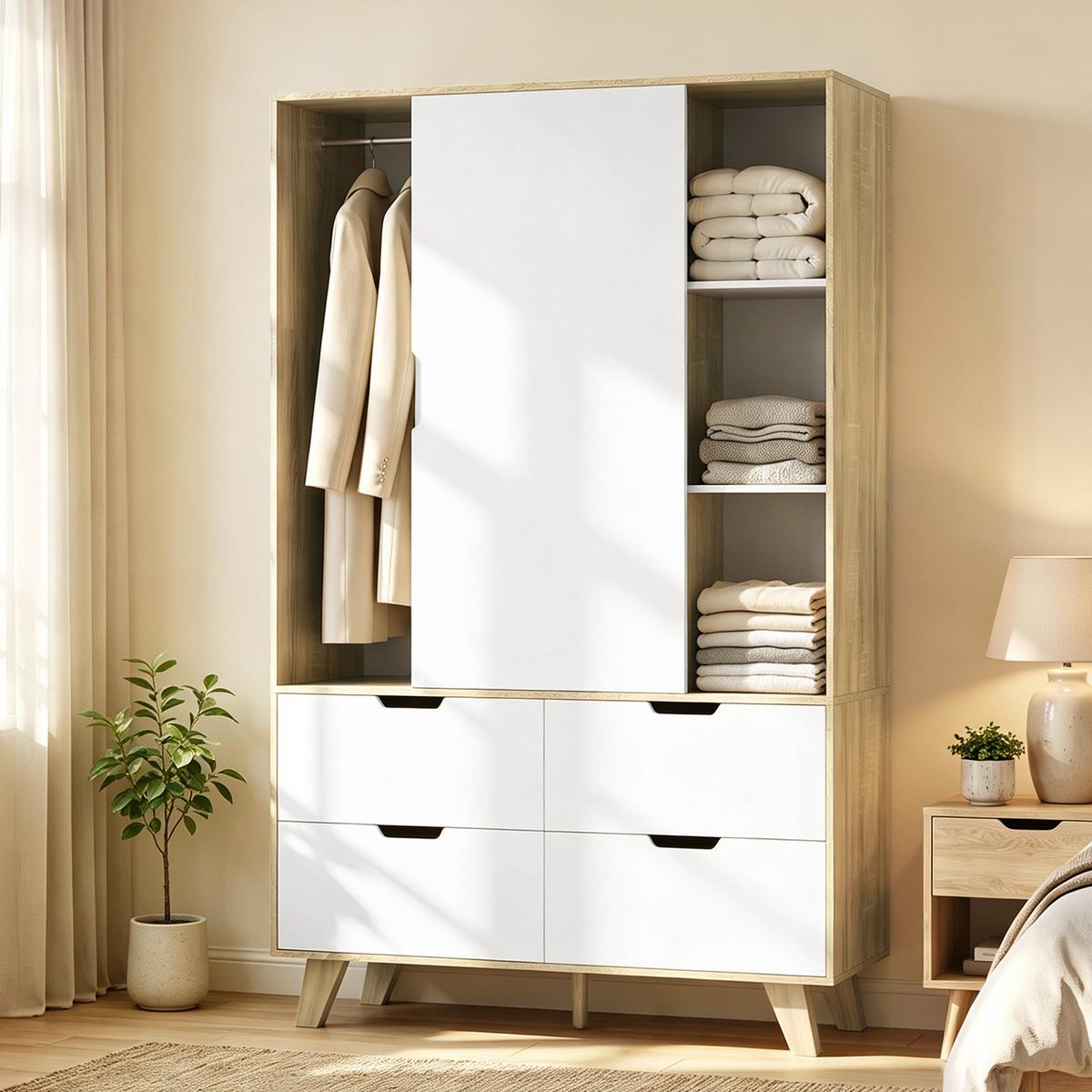 KLEIDERSCHRANK MDF Kiefernholz Eiche Weiss - Weiß, Holz/Holzwerkstoff (50/187.5/120cm) - HOMCOM
