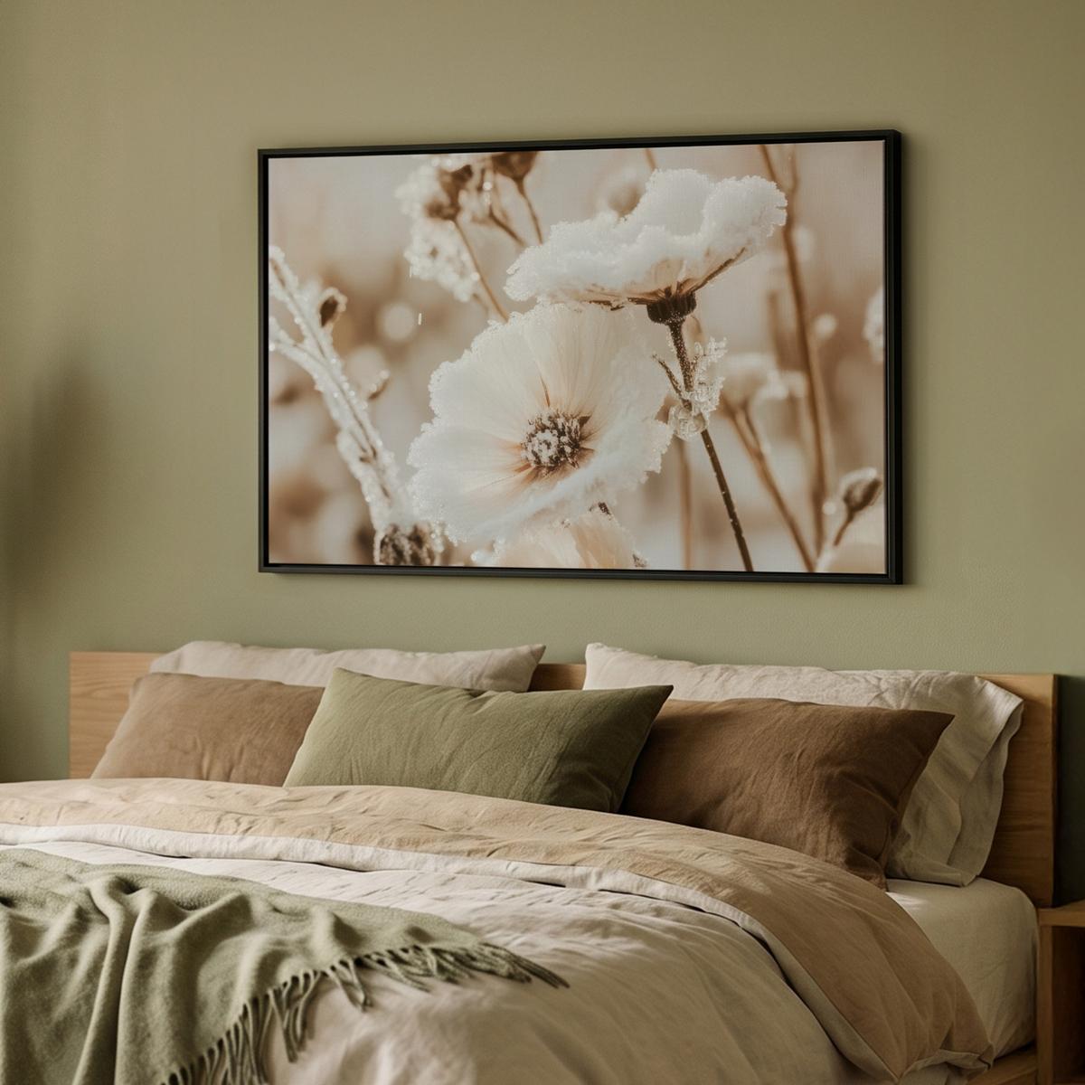 LEINWAND Bilder mit Rahmen - Blumen - Winter - Weiß - Schnee - Beige - 90x60 - Creme, Textil (90/60cm) - MuchoWow
