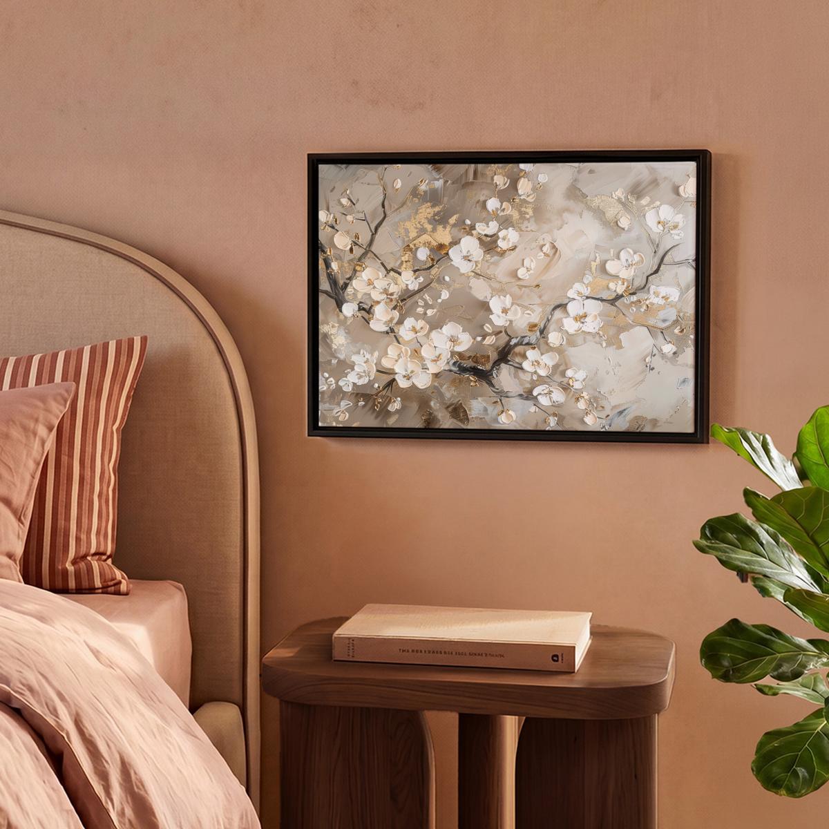 LEINWAND Bilder mit Rahmen - Blumen - Weiß - Gold - Beige - Luxus - 40x30 - Greige, Textil (40/30cm) - MuchoWow