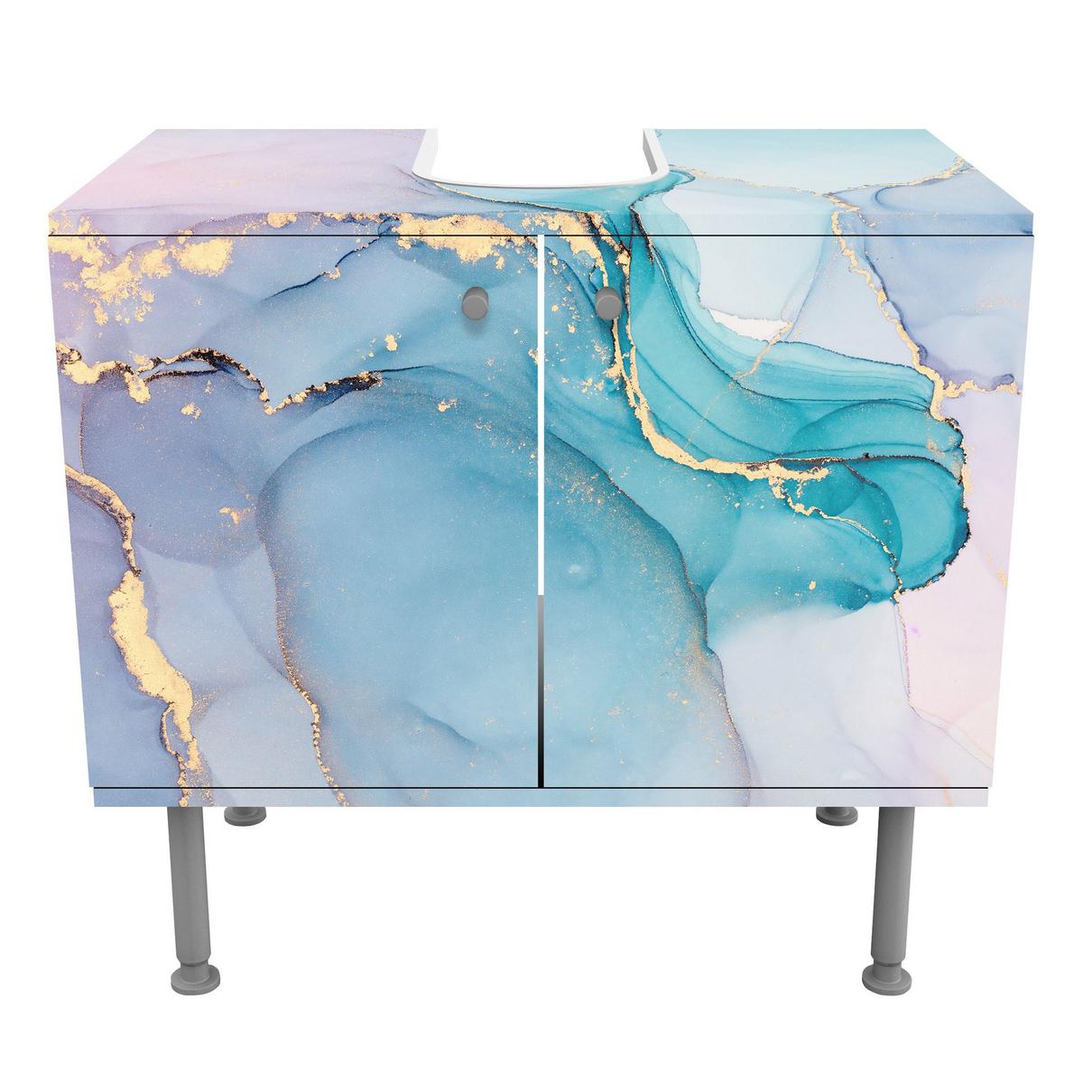 WASCHBECKENUNTERSCHRANK Aquarell Pastell Türkis mit Gold 60/55/35 cm - Pastellblau, Holzwerkstoff (60/55/35cm) - Bilderwelten