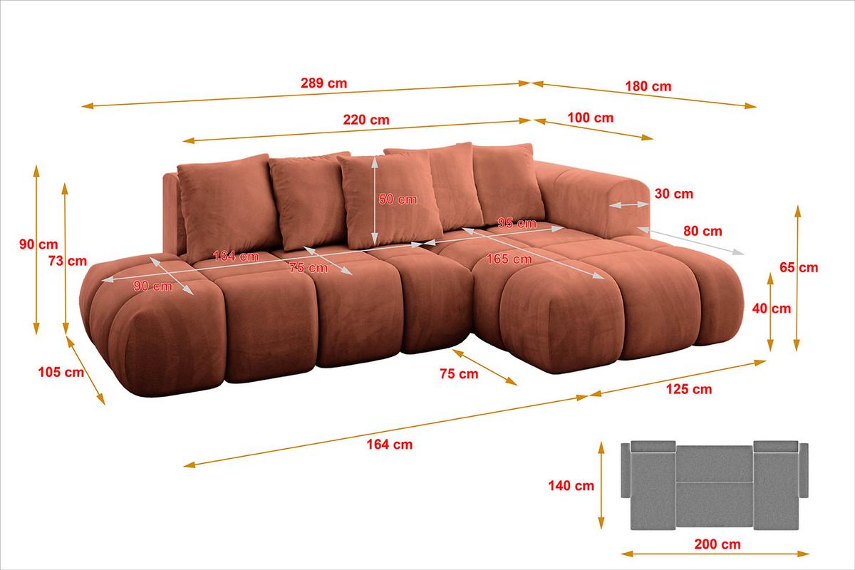 ECKSOFA Ottomane Rechts CLOUD-L-v1 280x185x90 Apricot Velours - Koralle, Holzwerkstoff/Kunststoff (185/280cm) - ALTDECOR