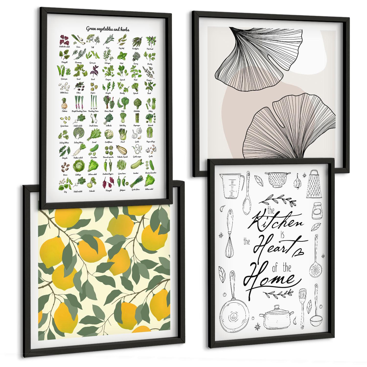 BILDER SET 4er Set - 50x50 cm & 40x60 cm Schwarzer Rahmen - Küchenkräuter-Zitronen-Malerei - Schwarz, Kunststoff (50/50cm) - TULUP