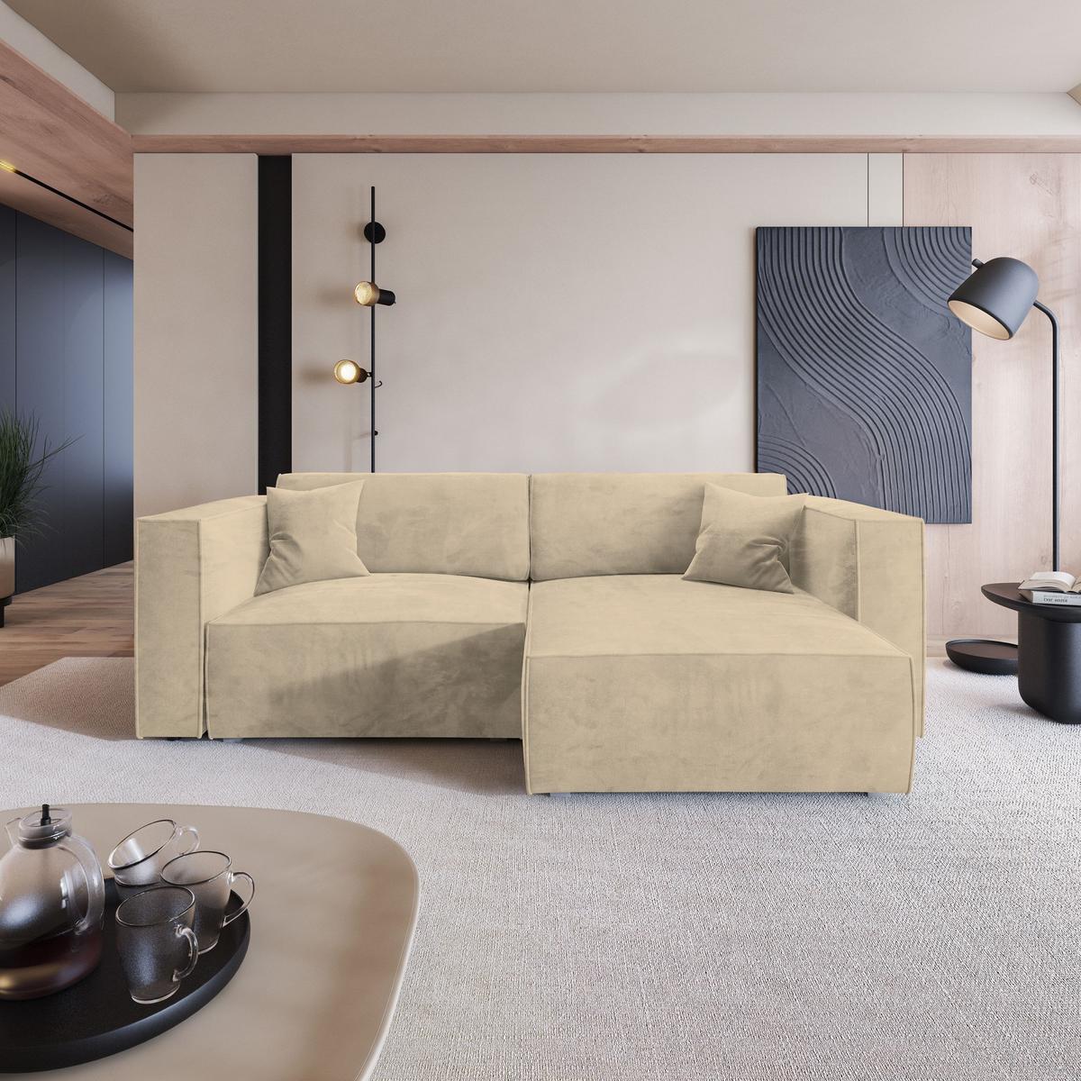 ECKSOFA NERIO M Creme Velours-Stoff mit Schlaffunktion - Creme/Grau, Holz/Kunststoff (245/148cm) - MASSENO