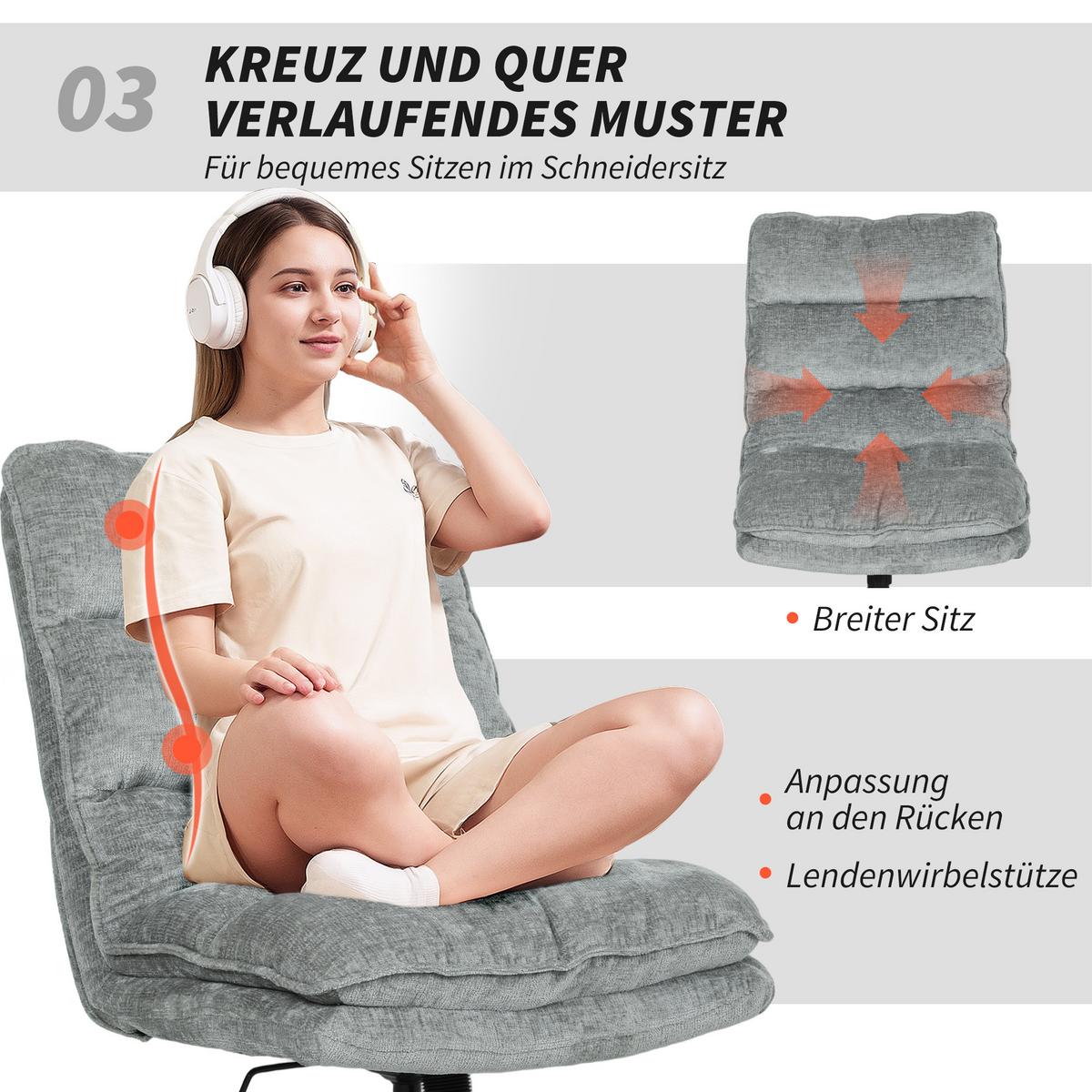 BÜROSTUHL Ohne Armlehnen Gepolsterter Schreibtischstuhl mit Breiter Polster - Schwarz/Grau, Textil/Metall (63.5/102/81cm) - HOMCOM