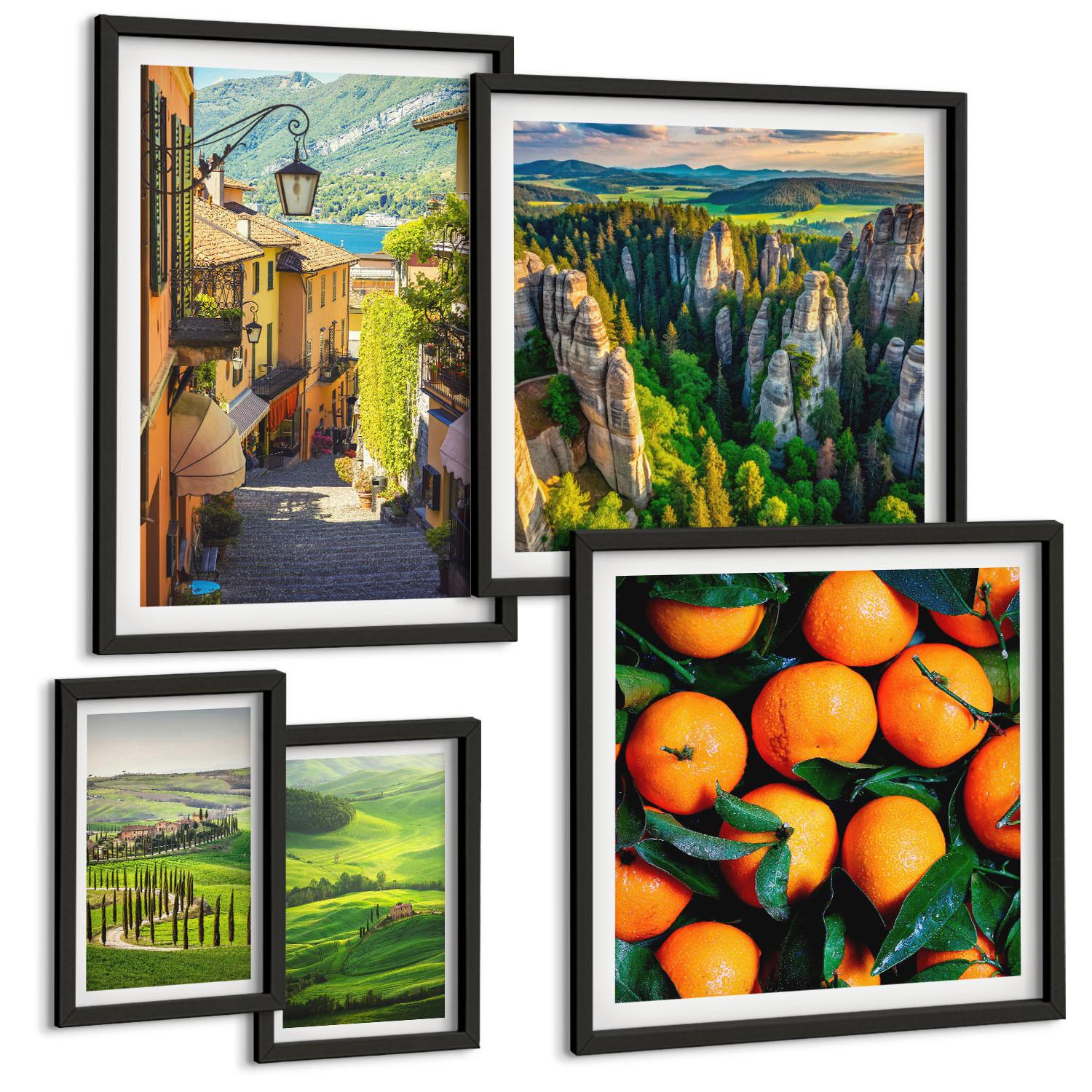 BILDER SET 5er Set - 50x50 cm & 20x30 cm & 40x60 cm Schwarzer Rahmen - Italienische Landschaft Orangen Natur - Schwarz, Kunststoff (40/60cm) - TULUP