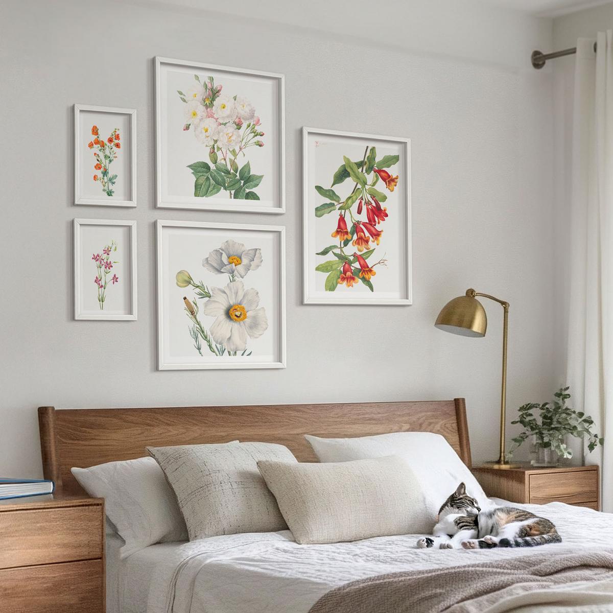 BILDER SET 5er Set - 50x50 cm & 20x30 cm & 40x60 cm Weißer Rahmen - Blumenmalerei im Retro-Stil - Weiß, Kunststoff (40/60cm) - TULUP