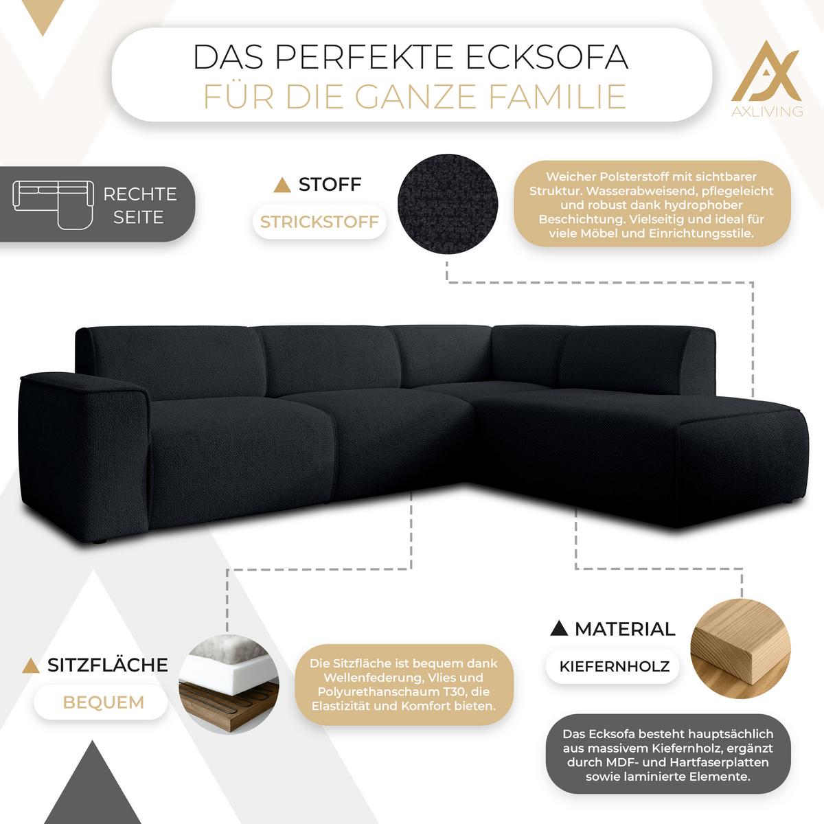 ECKSOFA L Form Didim Dunkelgrau 292/220/78 cm – großes Sofa stilvoll & bequem R - Schwarz, Kunststoff/Textil (292/220cm) - AX Living