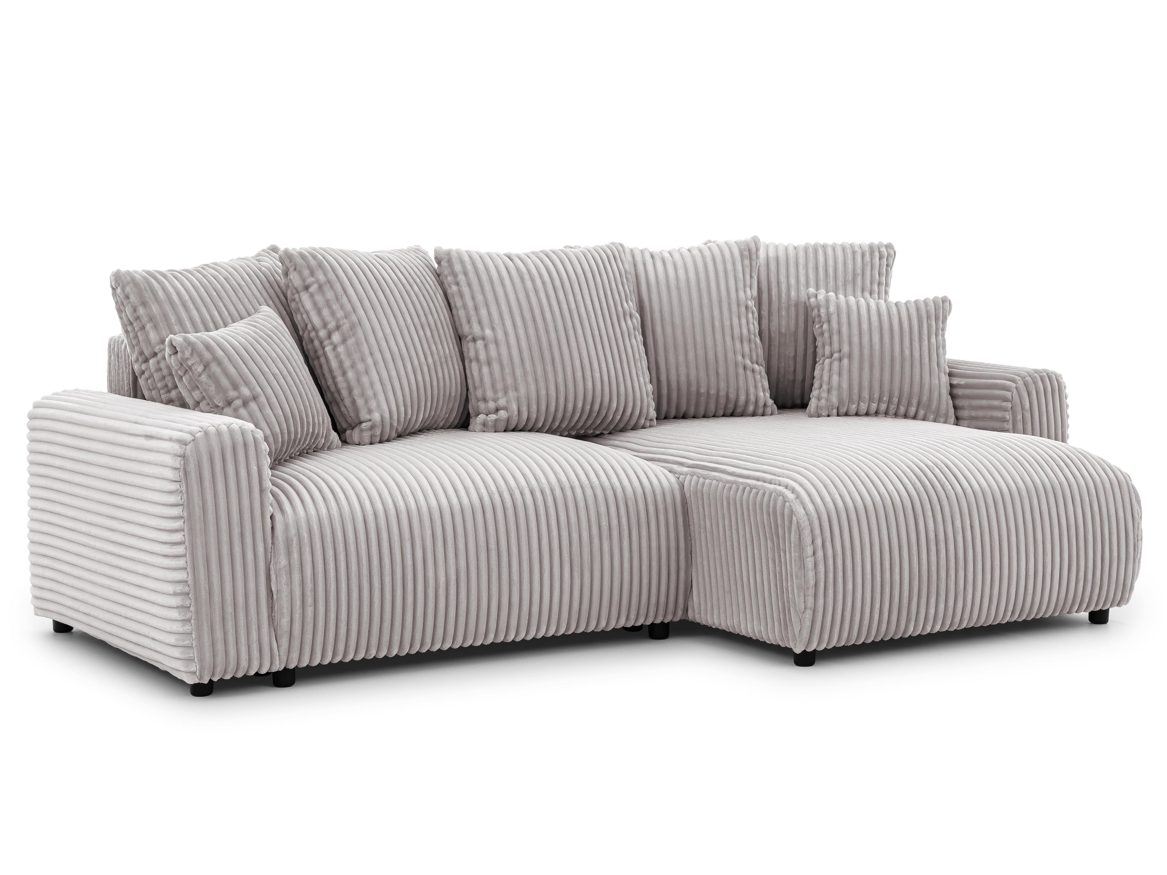 ECKSOFA Calma mit Schlaffunktion und Bettkasten im Bumpy-Design aus weichem Hellgrau Plüschcord - Ottomane rechts - Hellgrau/Schwarz, Holz/Kunststoff (140/239cm) - S-Style