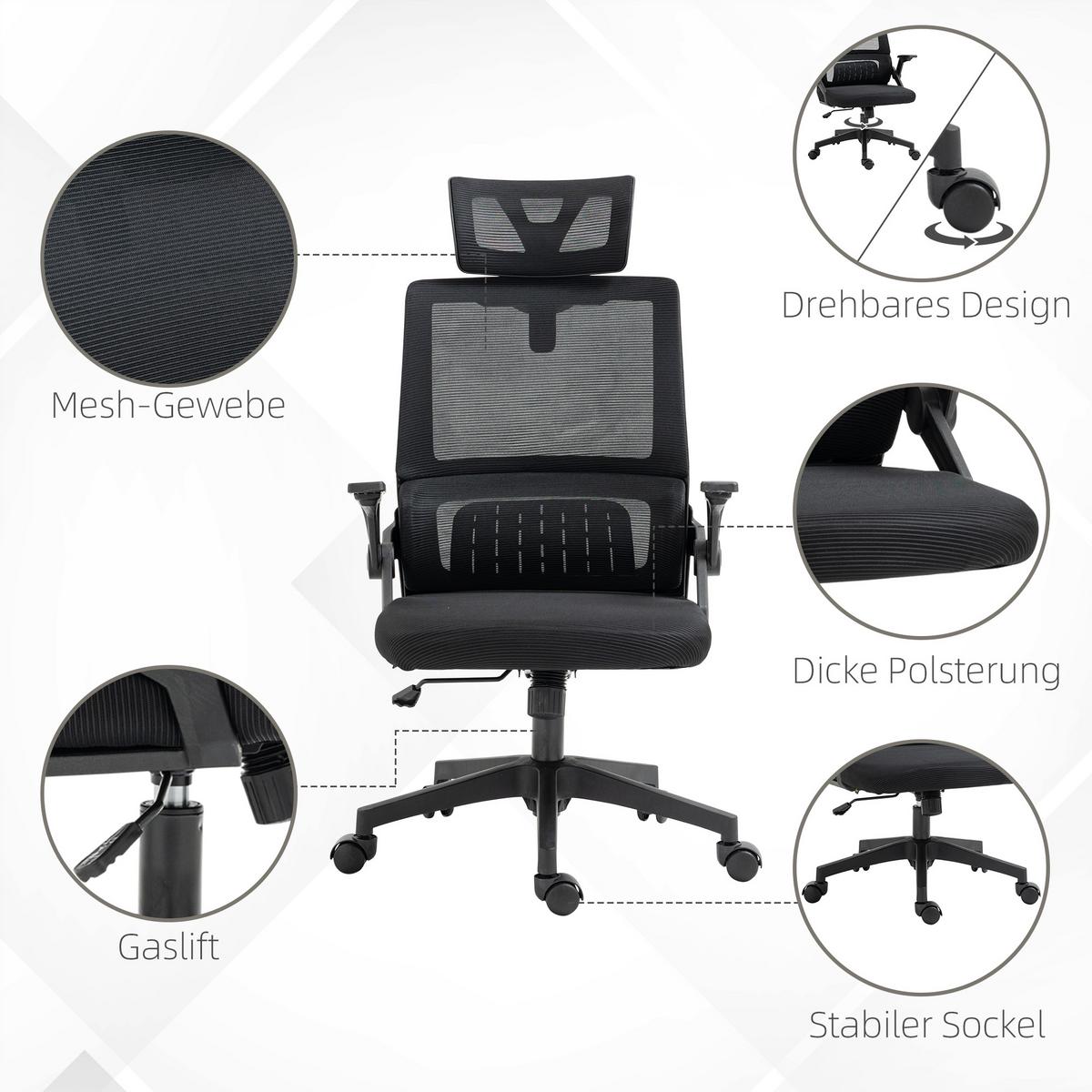 BÜROSTUHL Ergonomisch, Schreibtischstuhl mit Verstellbar Kopfstütze Mesh Schwarz - Schwarz, Textil (61/121.5/60cm) - Vinsetto