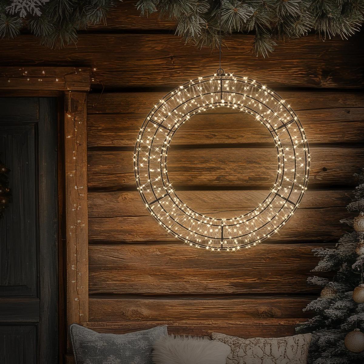 LED WEIHNACHTSKRANZ Ø50 cm Weihnachtsdeko mit Lichterkette Warmweiß Lichterkranz Außen - Schwarz, Metall (50/50/4.5cm) - ECD-Germany