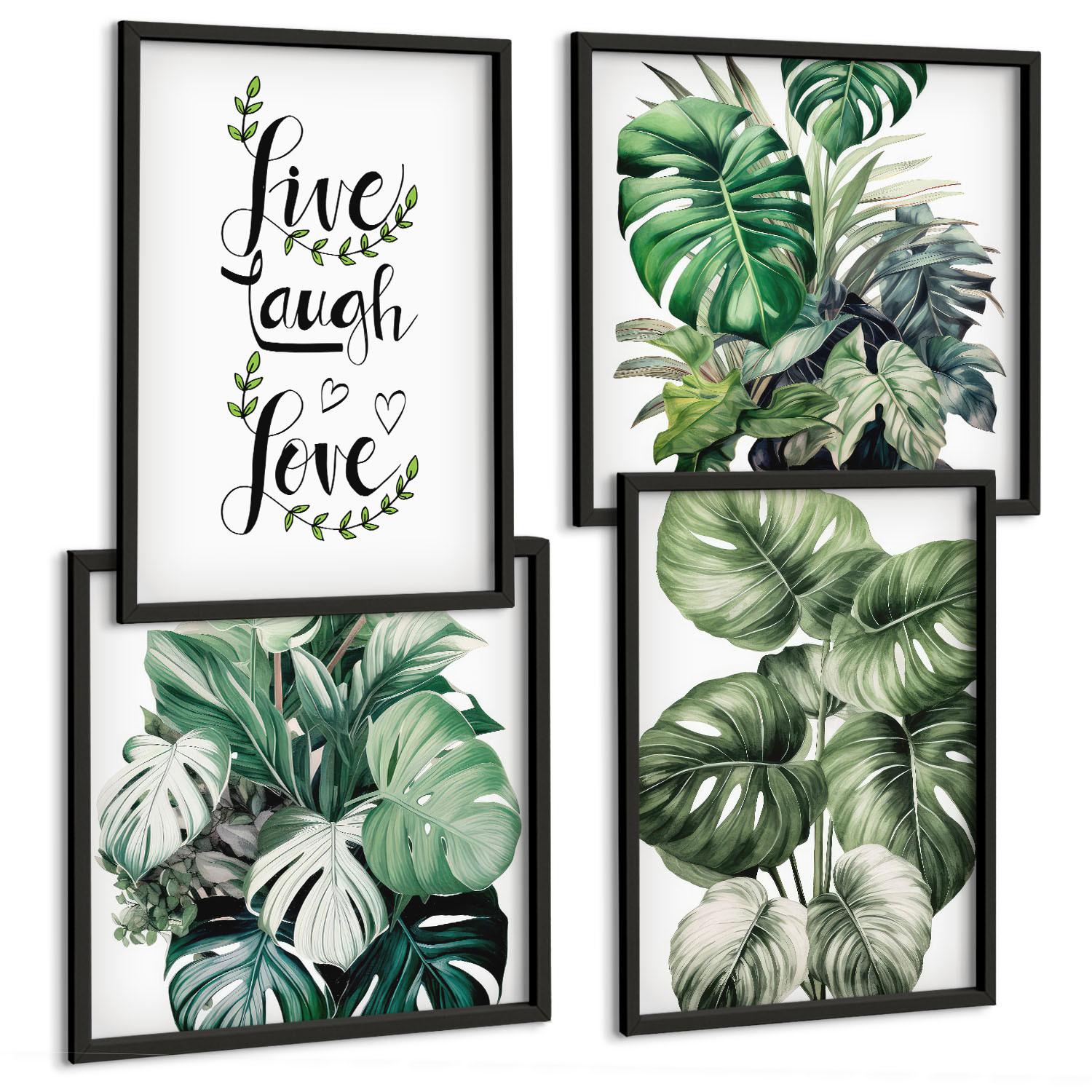 BILDER SET 4er Set - 50x50 cm & 40x60 cm Schwarzer Rahmen - Blattpflanzen leben, lachen, lieben - Schwarz, Kunststoff (50/50cm) - TULUP