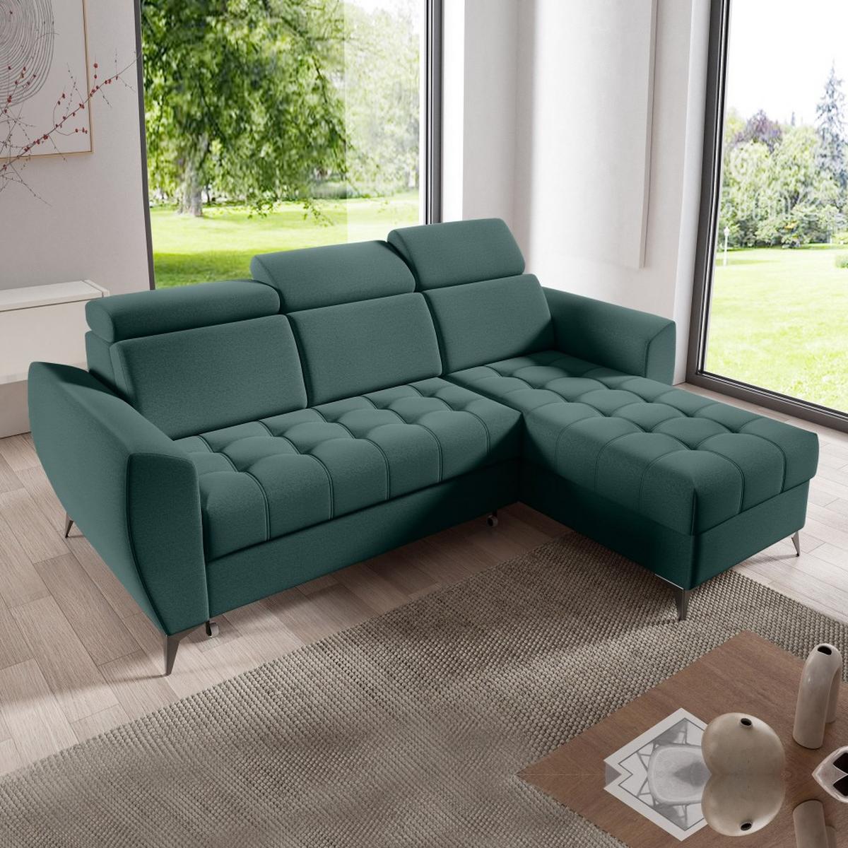 ECKSCHLAFSOFA Aurora I verstellbare Kopfstützen, Dunkelgrün - Dunkelgrün/Schwarz, Textil (235/176cm) - Beautysofa
