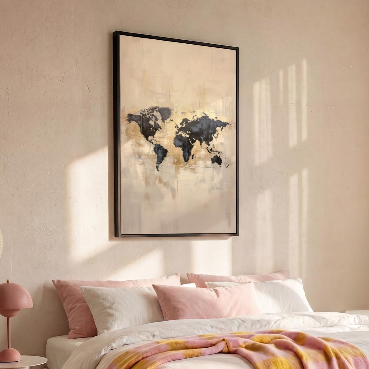 LEINWAND Bilder mit Rahmen - Weltkarte - Gold - Schwarz - Abstrakt - 90x140 - Kupferfarben, Textil (90/140cm) - MuchoWow