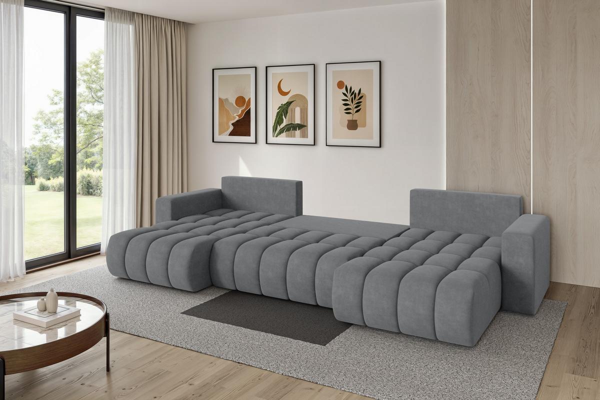 WOHNLANDSCHAFT mit Schlaffunktion und Bettkasten MILA-U-v1 378x194x86 Grau Velours - Taupe/Schwarz, Holzwerkstoff/Kunststoff (378/86/194cm) - ALTDECOR