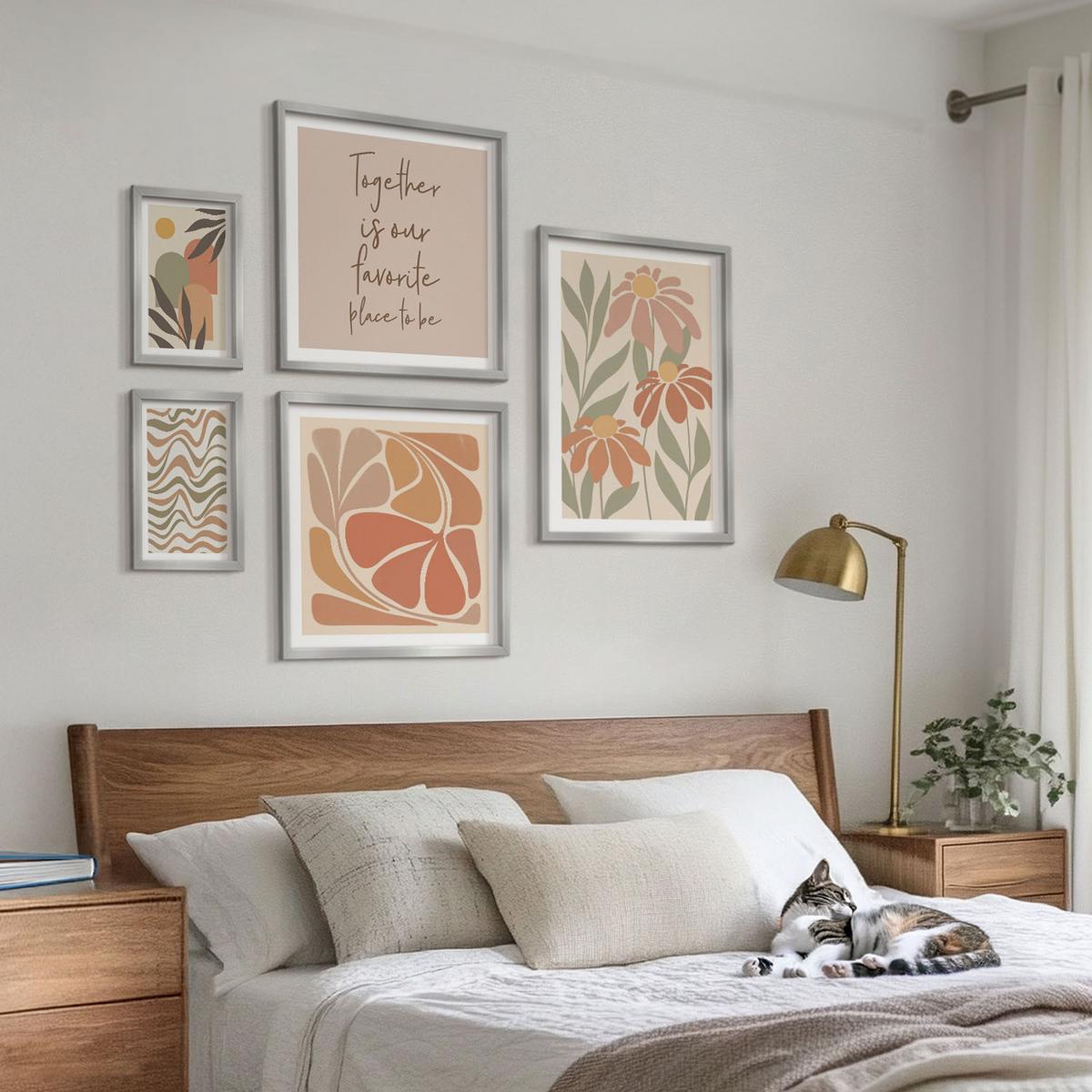BILDER SET 5er Set - 50x50 cm & 20x30 cm & 40x60 cm Silberner Rahmen - Abstrakte Pastellblumen - Silberfarben, Kunststoff (40/60cm) - TULUP