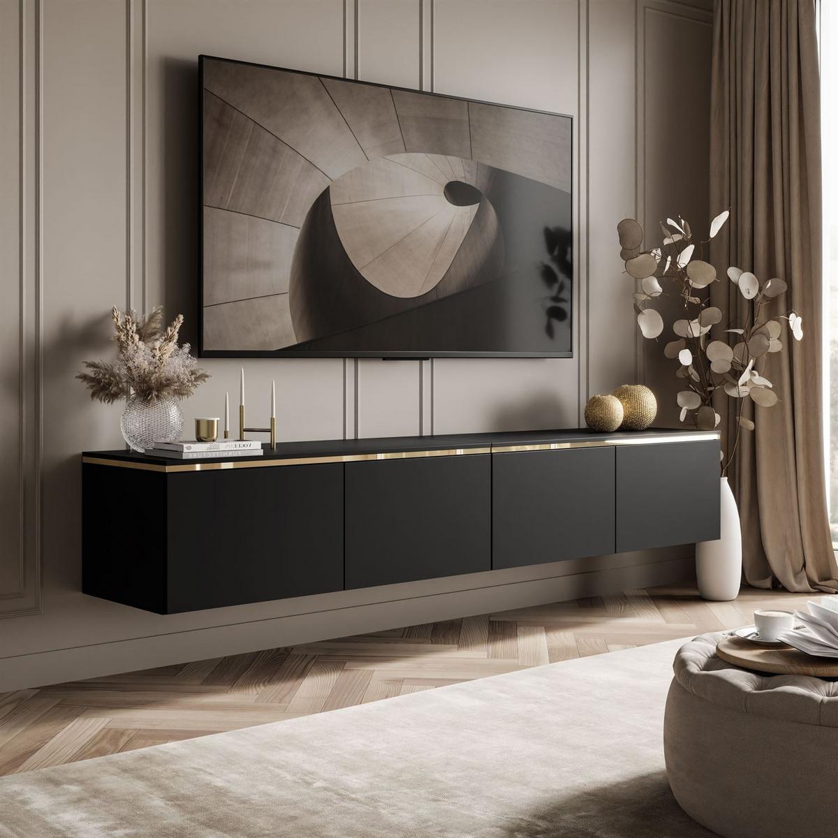 TV-RACK CELINE schwarz matt 200 cm (hängend) mit LED-Beleuchtung - Schwarz, Holzwerkstoff (200/35/40cm) - Lookway
