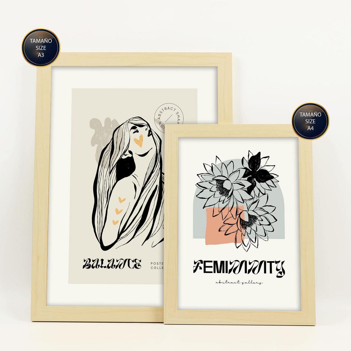 POSTER Set Mit 6 In Schwarzer Tinte Freundschaft Kunstdrucke Im Skizzenstil Für Innenarchitektur A3 & A4 Rahmen Aus Hellem Holz - Beige, Papier (29/3cm) - Nacnic