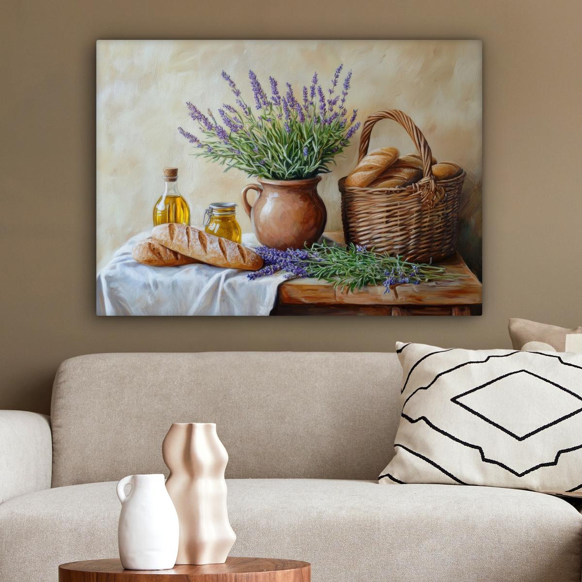 LEINWANDBILD Lavendel - Brot - Stilleben Wandbilder 80x60 cm - Flieder, Textil (80/60cm) - MuchoWow