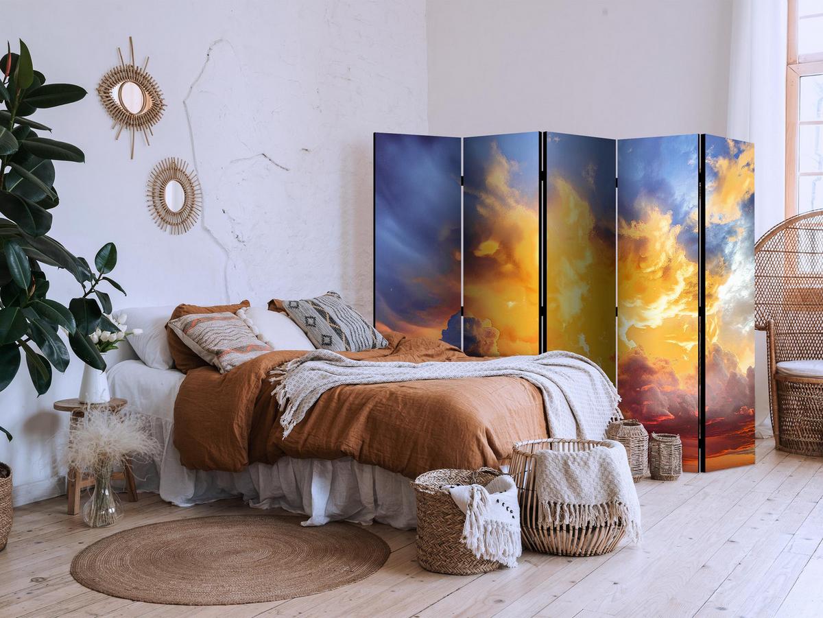 PARAVENT Akustik 5-tlg 225x172 cm Sonnenuntergang Wolken - Gelb, Holz/Textil (225/172/3cm) - Muralo