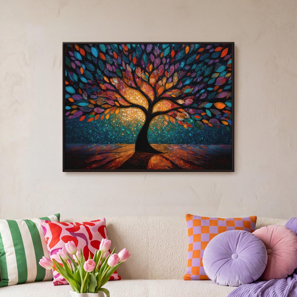 LEINWAND Bilder mit Rahmen - Mosaik - Bunt - Baum - Äste - 70x50 - Multicolor, Textil (70/50cm) - MuchoWow