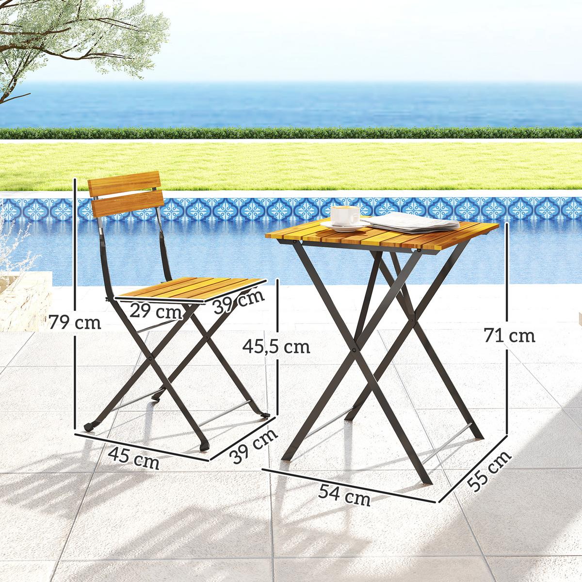 BISTROTISCH-MIT-2-STÜHLEN 3er Set Akazienholz Stahl Teak - Teakfarben, Metall - Outsunny