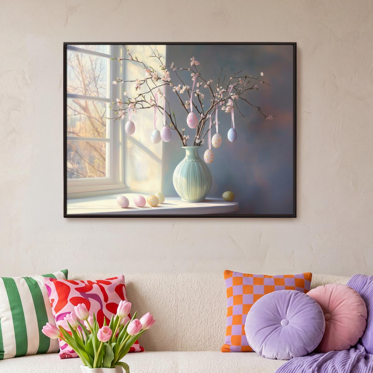 LEINWAND Bilder mit Rahmen - Stillleben - Vase - Osterzweig - 100x70 - Hellblau, Textil (100/70cm) - MuchoWow