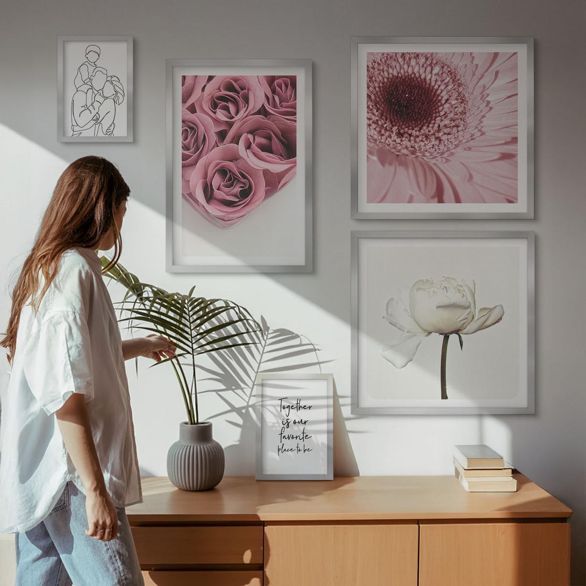 BILDER SET 5er Set - 50x50 cm & 20x30 cm & 40x60 cm Silberner Rahmen - Rosensträuße als Familienzeichnung - Silberfarben, Kunststoff (40/60cm) - TULUP