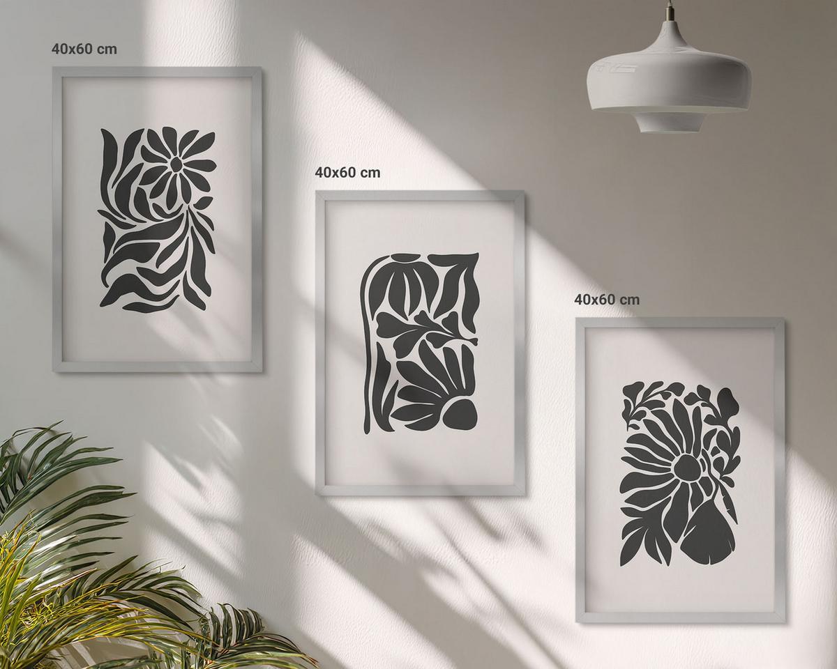 BILDER SET 3er Set - 40x60 cm Silberner Rahmen - Abstrakte Pflanzenmuster - Silberfarben, Kunststoff (40/60cm) - TULUP