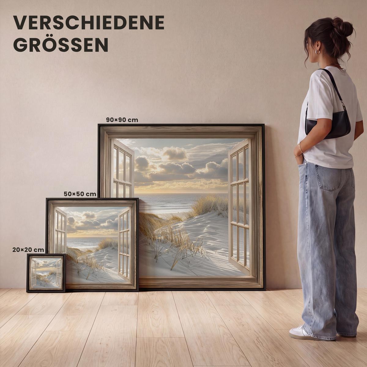 LEINWAND Bilder mit Rahmen - Ausblick - Strand - Dünen - Meer - Natur - 90x90 - Sandfarben, Textil (90/90cm) - MuchoWow