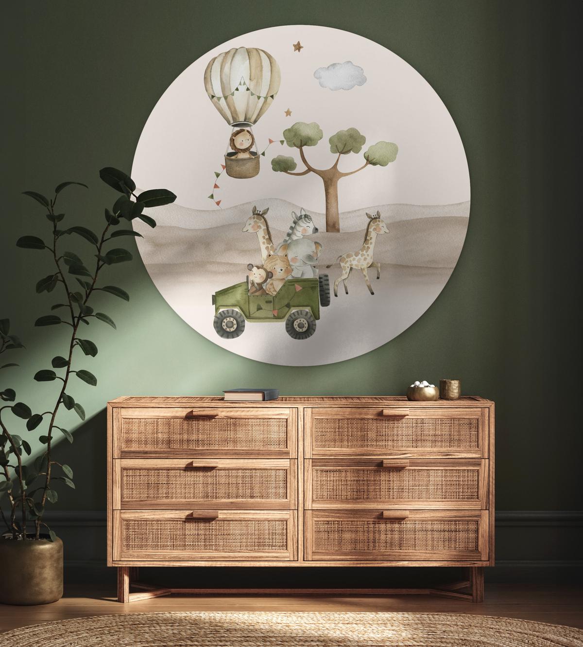 WANDBILD Wilde Tiere - Safari - Aquarell - Heißluftballon Room Decor 140x140 cm - Beige, Kunststoff (140/140cm) - MuchoWow