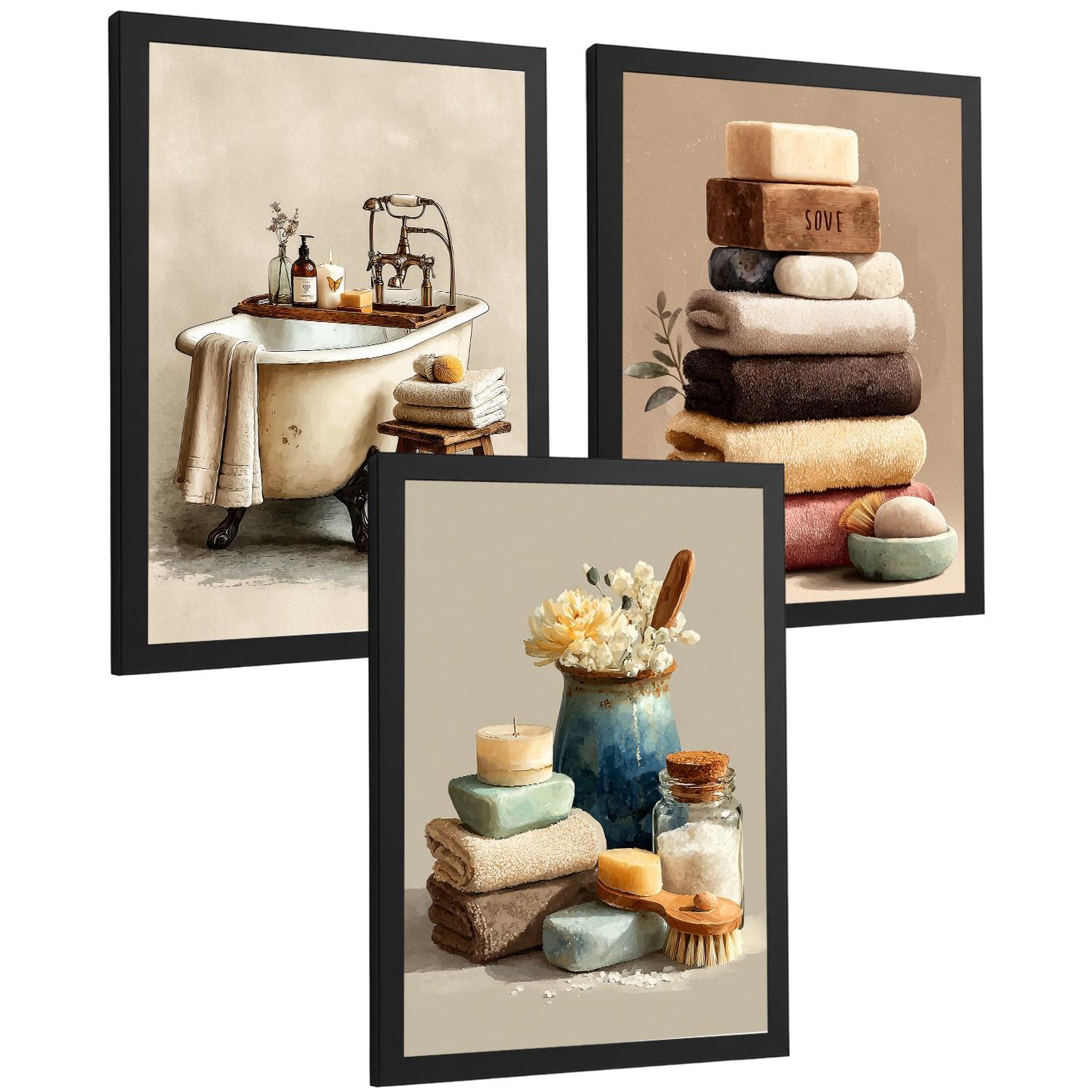 POSTER 3er-Set dekorative Badezimmerbilder, Wanddekoration, natürlichen, für Toilette, mit Handtüchern, Kerzen und Seifen Schwarzer Rahmen A4 - Schwarz, Papier (29.7/21/3cm) - Nacnic