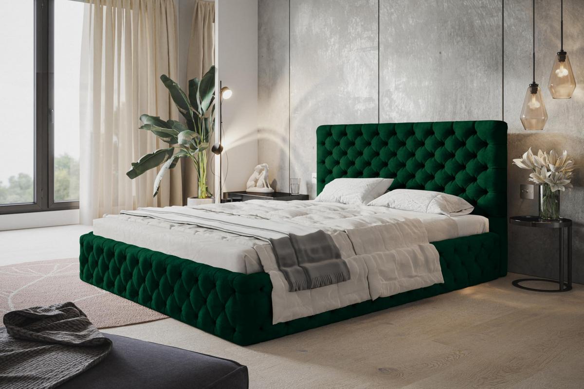 BETT 140x200 - Polsterbett mit Bettkasten und Metallrahmen - Elegant Betten - Glatter Kronos-Stoff - Kollektion Miami, Grün - Grün, Holz/Textil (140/200cm) - Alpi-Möbel