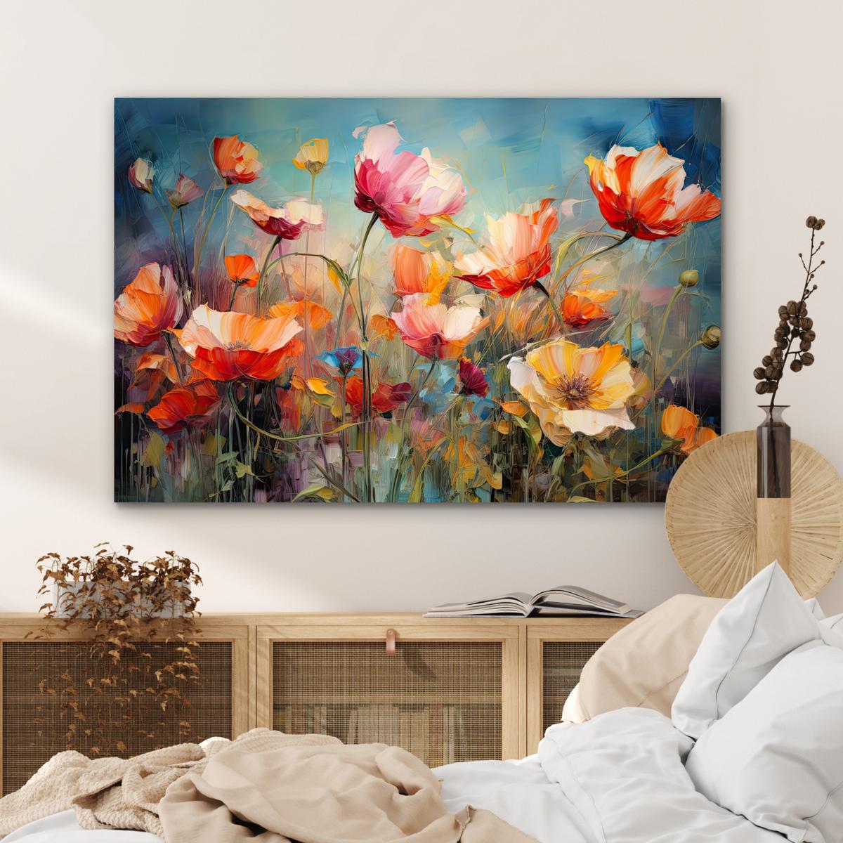 METALLBILD Blumen - Aquarell - Kunst - Botanisch - Natur Deko Groß 120x80 cm - Orange, Metall (120/80cm) - MuchoWow