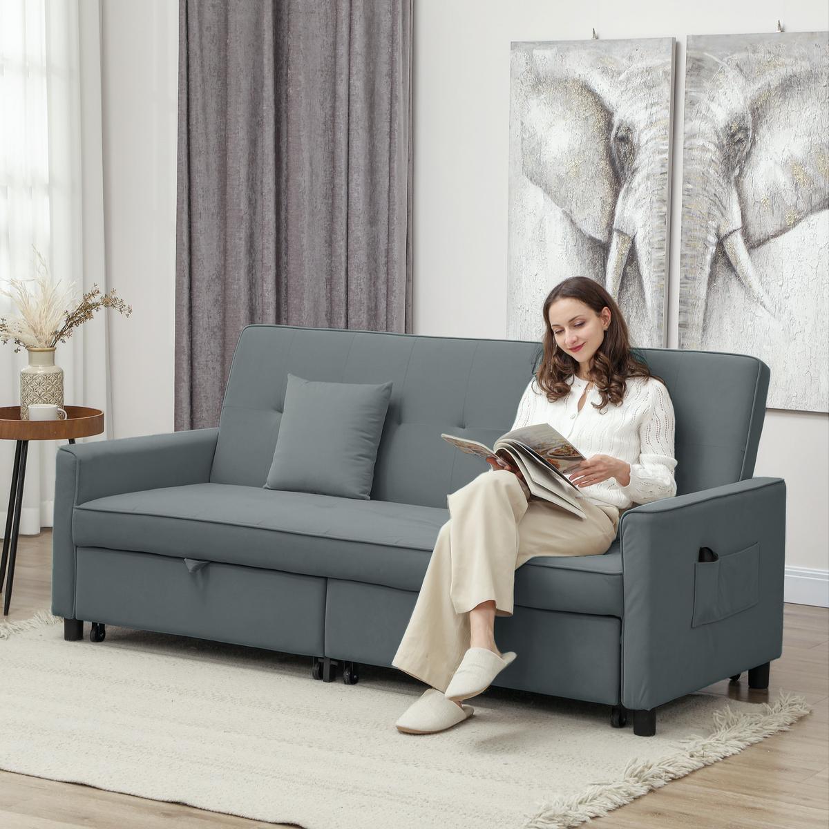 SCHLAFSOFA Polyester Eukalyptusholz Grau - Grau, Textil (90/89/196cm) - HOMCOM