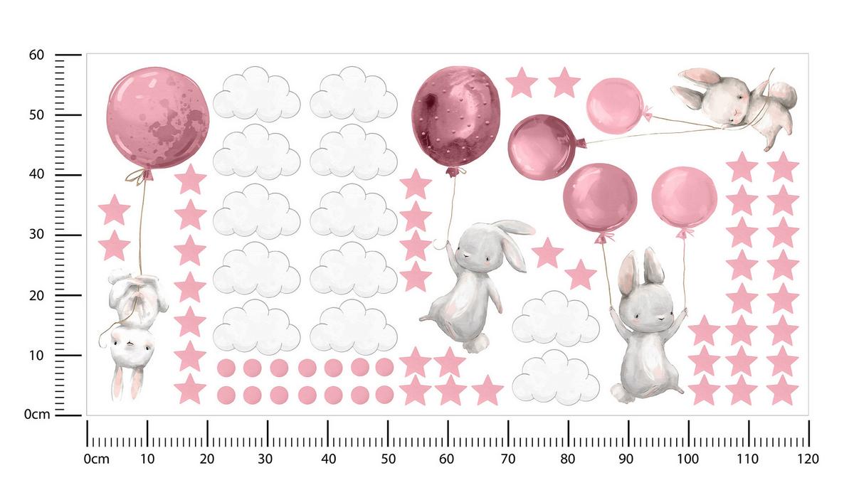 STICKER SET Häschen Ballons Sterne Wolken Punkte 120x60 - Rosa/Weiß, Papier (120/60/1cm) - Muralo