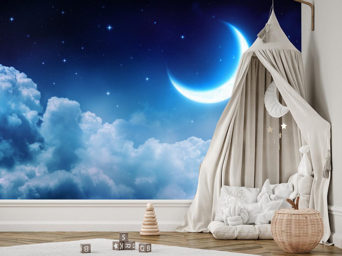 FOTOTAPETE für Schlafzimmer Himmel Wolken Mond Sterne 250x175 - Blau/Dunkelblau, Papier (250/175cm) - Muralo