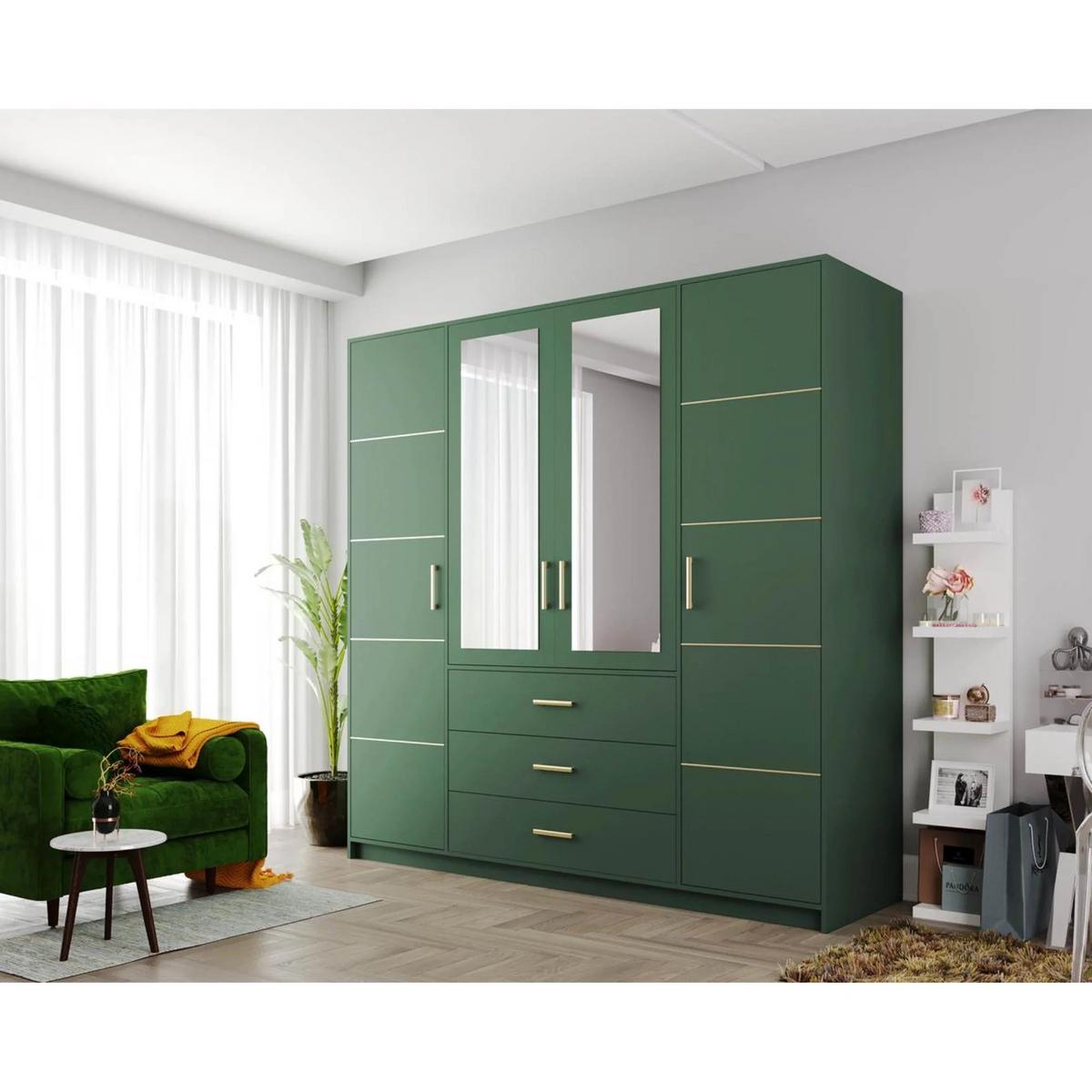 DREHTÜRENSCHRANK Bali 4-Türen, mit 3 Schubladen und Spiegel, Grün - Grün, Holzwerkstoff (196/200/58cm) - Beautysofa